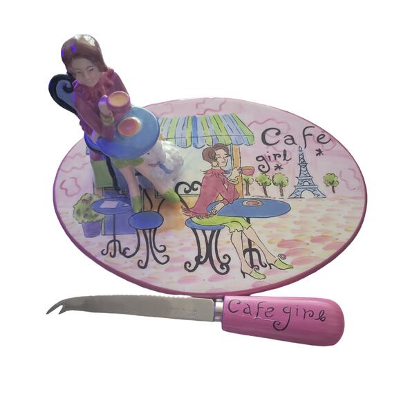Certified Internatio Jennifer Brinley Café Girl Cheese Plate Knife Pepper Shaker - Picture 1 of 8
